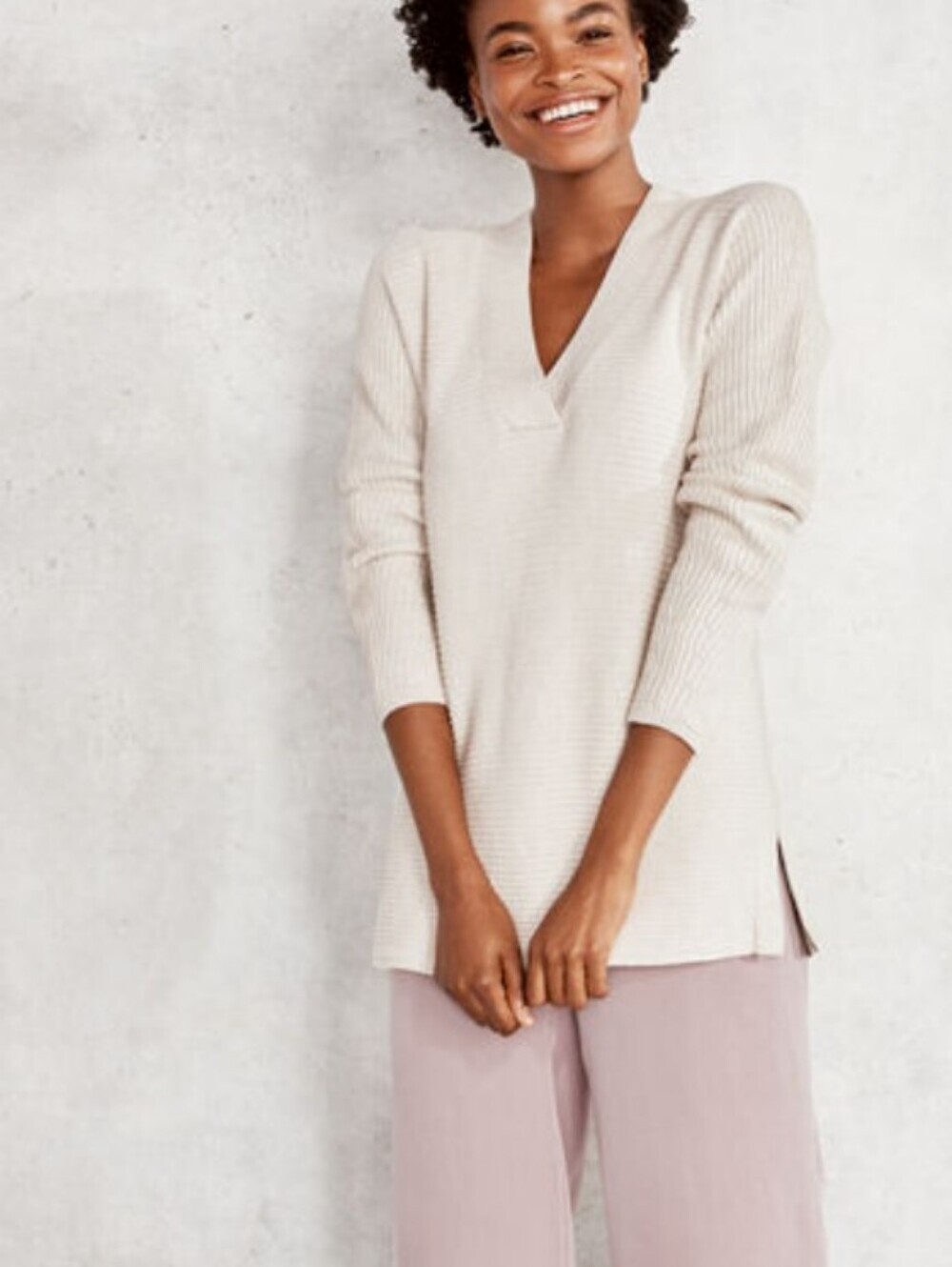 Haven Well Within Horizontal Shaker Stich Cream Ribbed V-Neck Sweater Tunic SzXS
